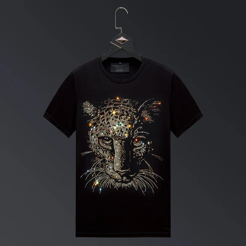 

2023 Cheetah Rhinestones T Shirt for Men Fashion Streetwear O Neck Short Sleeve Slim Modal Cotton Casual T-shirts Plus Size 6XL