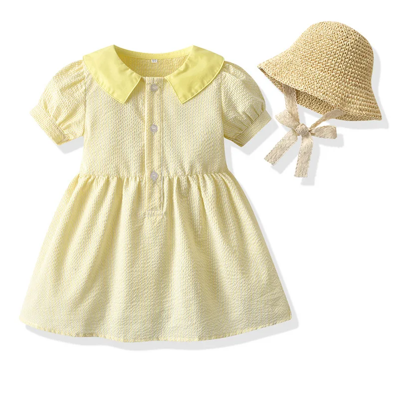 

2023 Summer Newborn Dress Fashion Lapel Collar Cute Princess Puff Sleeve Beach Plaid Dresses + Hat Little Girls Clothing