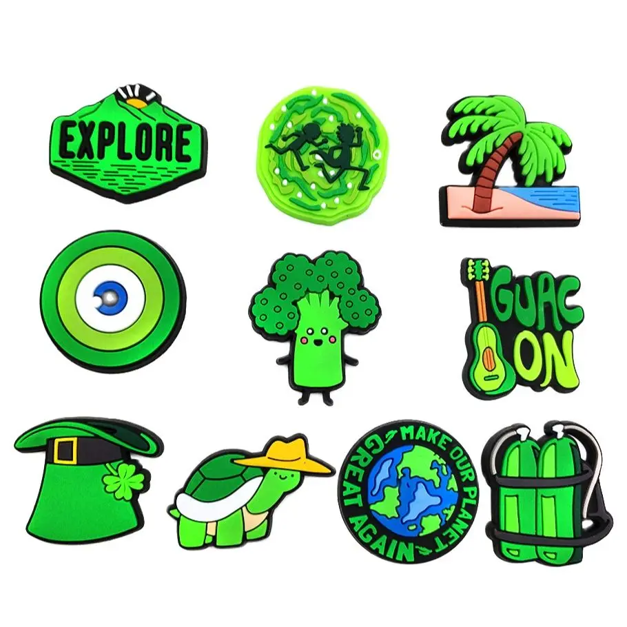 

New 3-10Pcs Green Series Sandals Shoe Charms Accessories Children Slippers Button Decorations Croc Jibz Charms Unisex Kids Gifts