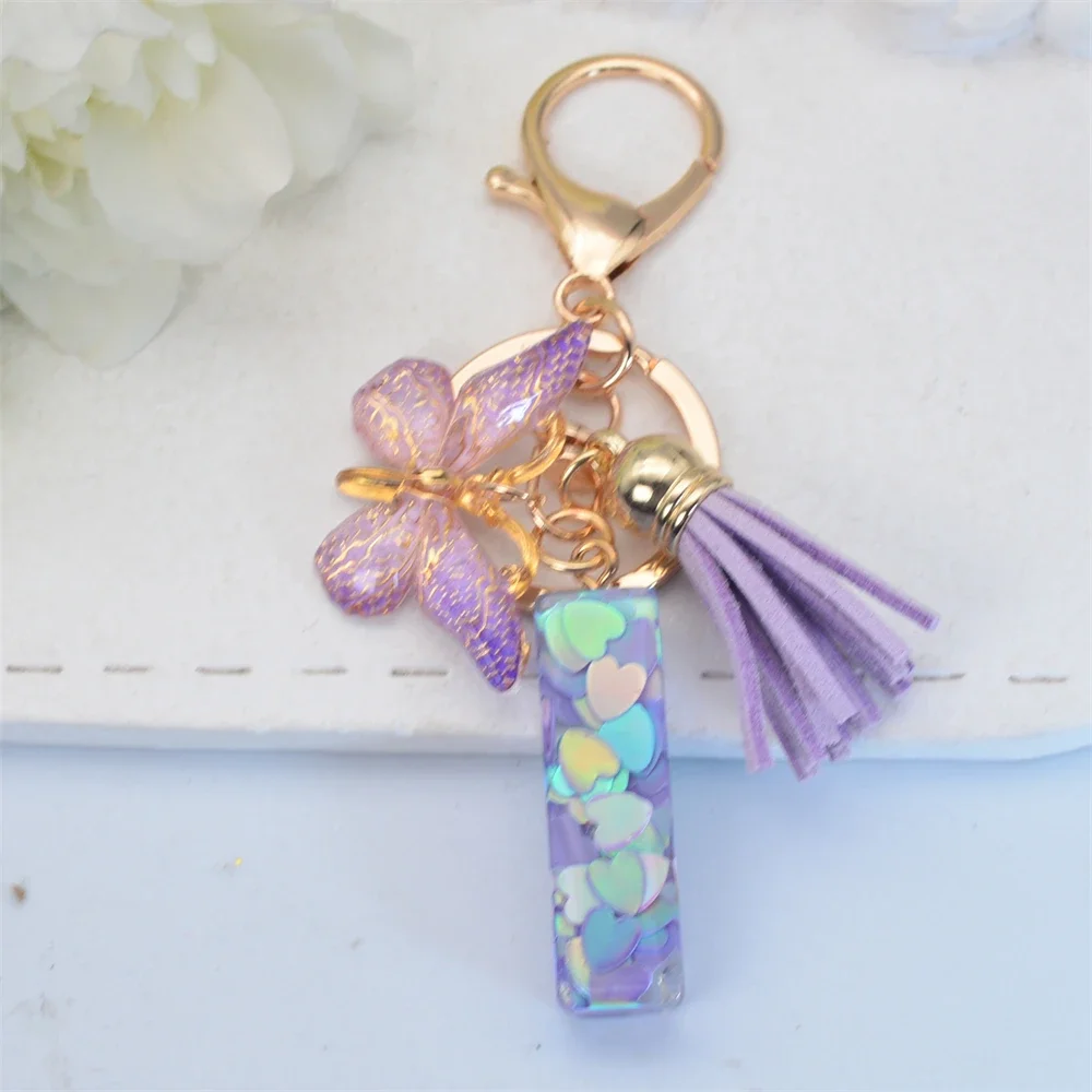 Cute Resin A-Z initials Letter Keychain Pink Sparkle Butterfly Tassel Pendant Keyring for Women Girl Purse Handbags Jewelry Gift O