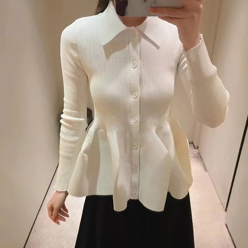 Description Picture 4 of itemFrench Style Knitted Sweater Cardigan Blouse Shirt Spring Autumn Ribbed Knit Collar Pleated Skirt Hem Ladies Women Casual Tops