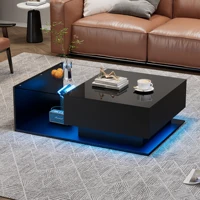 Table basse rectangulaire avec dessus en verre brillant LED et tiroirs, table d'appoint pour salon 2