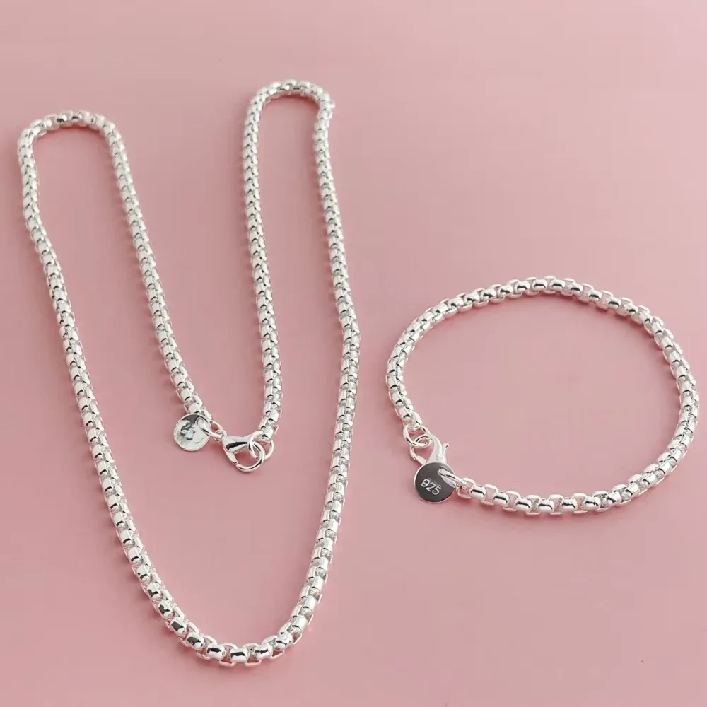 4mm 라운드 박스 체인 베네치아 팔찌 목걸이 쥬얼리 세트 데일리웨어 패션 액세서리 남성 여성 쥬얼리