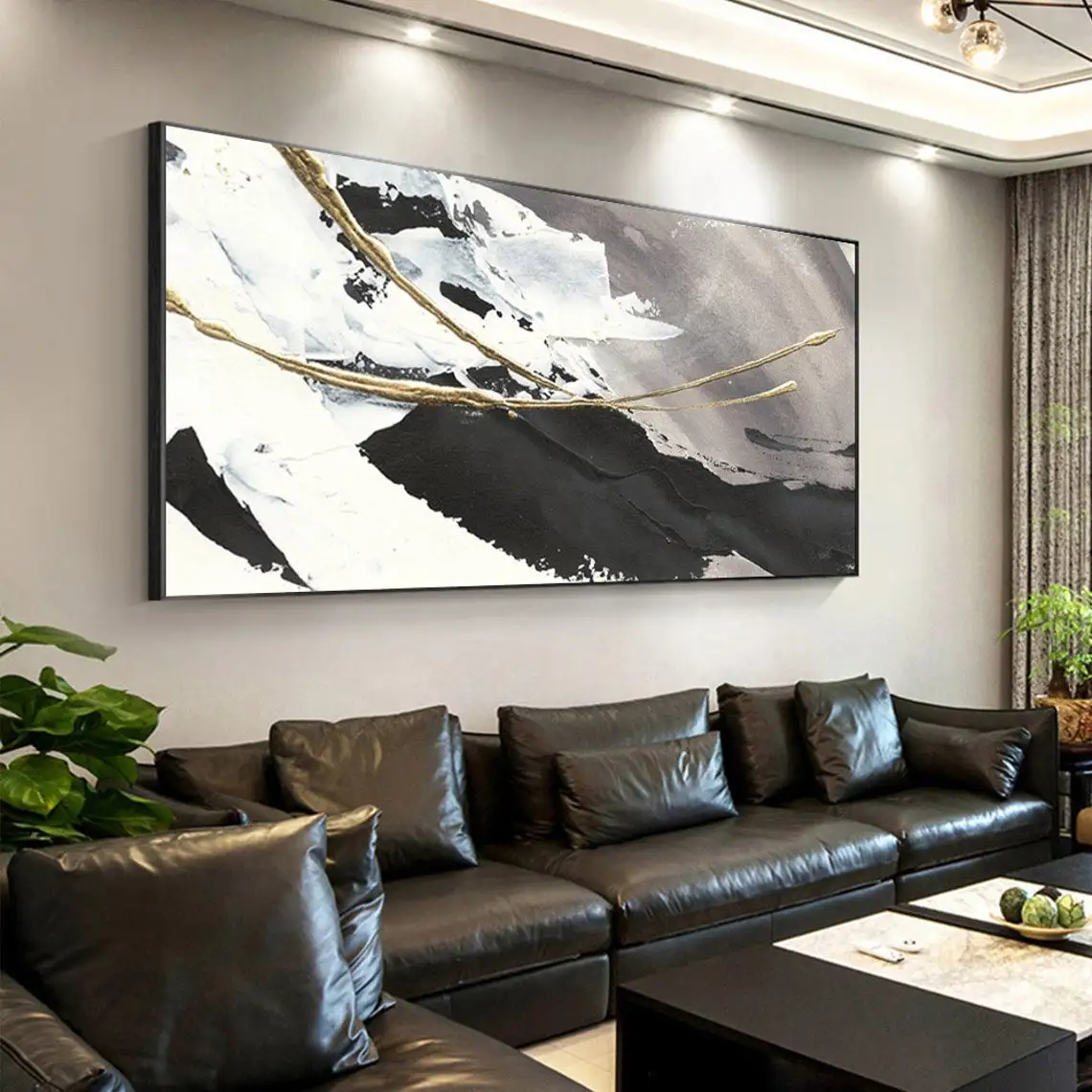 Large Abstract Oil Painting on Canvas Textured Wall Art Gold Foil Black White Acrylic Painting Modern Living Room Home Decor