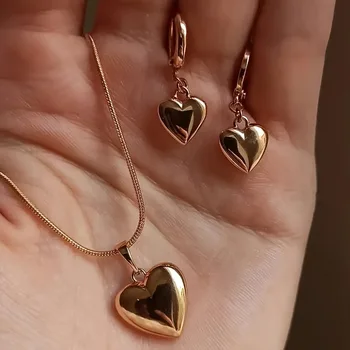 Brilhante banhado a ouro metal amor coração balançar brincos colar conjunto de jóias para mulheres simples delicado uso diário acessórios 1