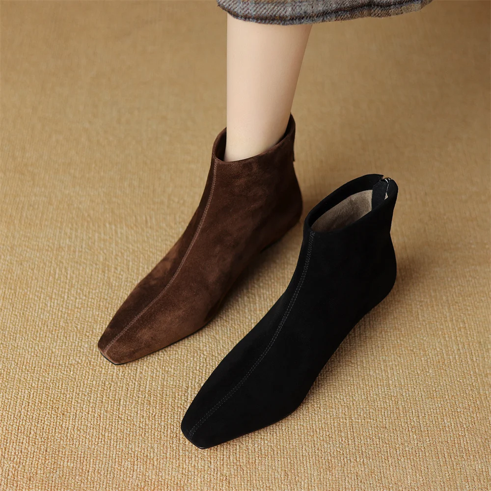 Plus size 34-42 women's natural suede leather back zip autumn flats ankle boots square toe casual female high quality short boot
