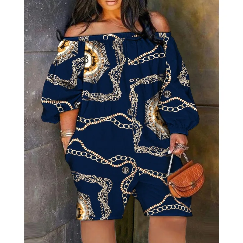 

Wepbel Off-Shoulder Printed Jumpsuit Women Loose Summer Slash Collar Casual Rompers Playsuits High Waist Wide Leg Pants Jumpsuit