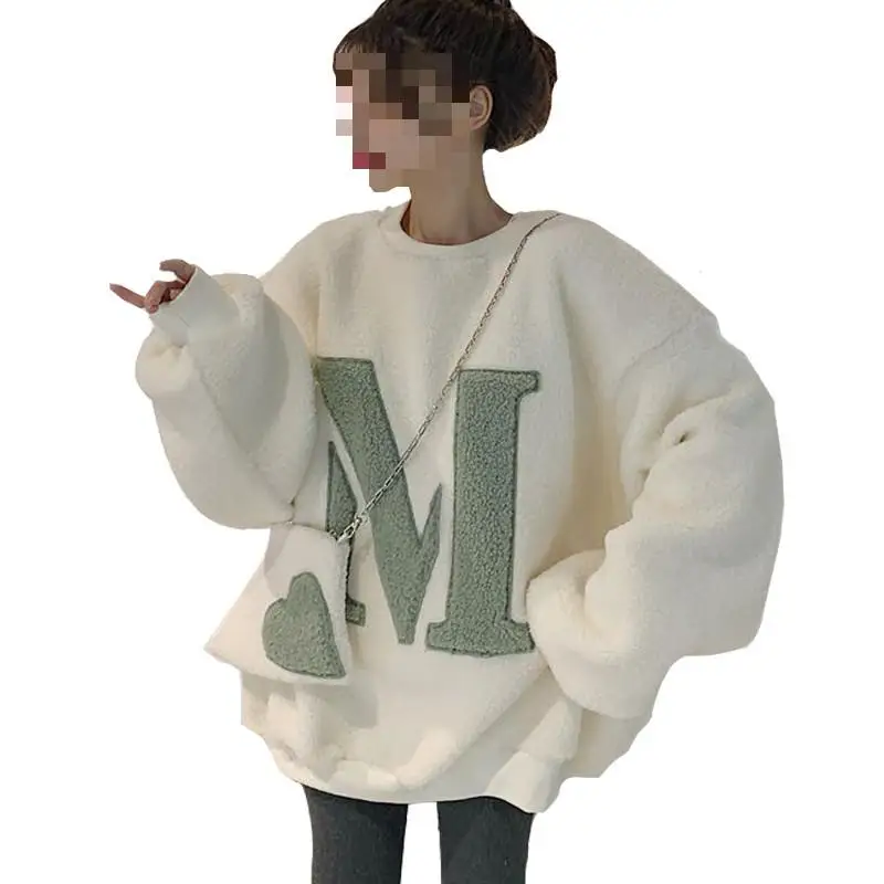 Winter Fashion Lamb Wool Letters Harajuku Sweatshirt Women Korean Chic All-match O Neck Long Sleeve Hoodies Casual Sweet Top