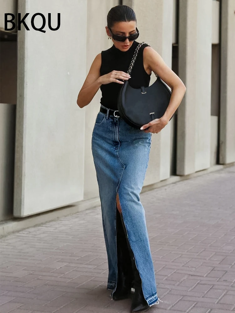 【BAON】Ruwen Black Blue Slit Denim Long Skirt Amazon.com: Bollrllr 2023 Women's Denim Skirt Blue Long