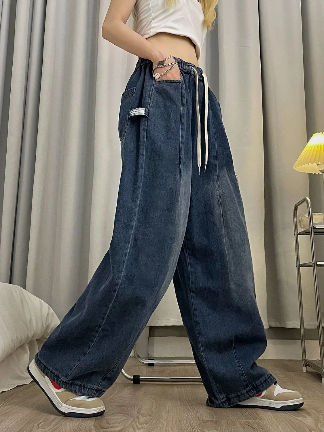 Women's Korean Style Baggy Jeans Wide Leg Drawstring Denim Pants Y2K Streetwear Blue Jeans Oversized Street