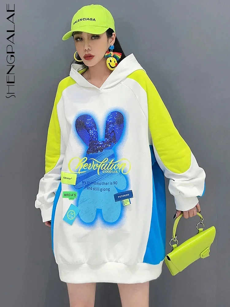 

SHENGPALAE Contrast Color Sweatshirt For Women Fashion Hooded Letter Printed Patchwork Loose Pullover Top Spring 2024 New 5R9480
