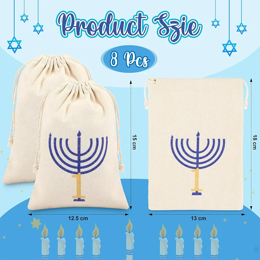 Organza Gift Bags Party Gift Bags Canvas Drawstring Pouches 8 Pcs Nights of Hanukkah Gift Bags Hanukkah Countdown Calendar Drawstring Bags for Kid Chanukah Decorations