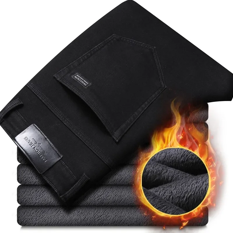 2025 Winter Thick Slim Denim Pants Brand Trousers Black Plus Size 40 New Men's Warm Jeans Business Casual Elasticity 4