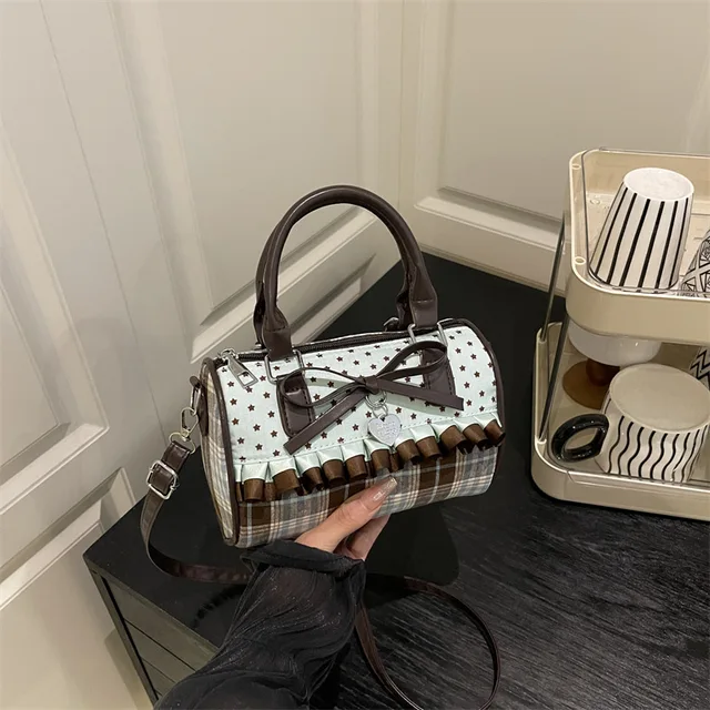 Sweet Bow Girls Crossbody Pillow Bags Versatile Vintage Plaid Ladies Shoulder Bag Lightweight Portable Women Handbag Purse