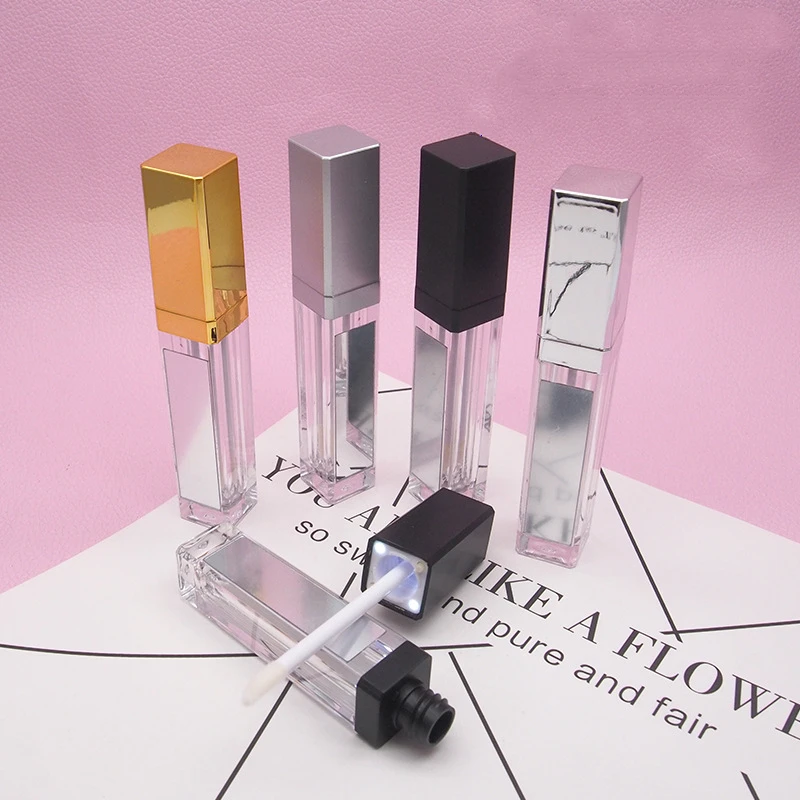 

Wholesale 7ml Empty Makeup DIY Lip Gloss Bottle Square Four Color Lip Gloss Tube with LED Light Mirror Labial Glair Bottle