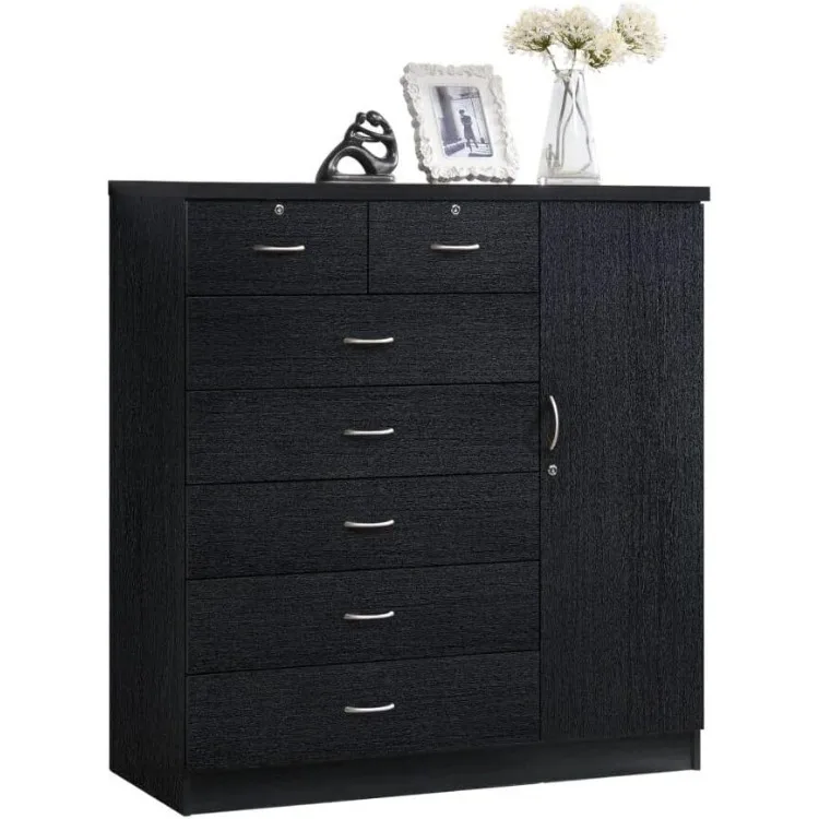 

7 Drawer Jumbo Chest, Five Large Drawers, Two Smaller Drawers with Two Lock, Hanging Rod, and Three Shelves | Black