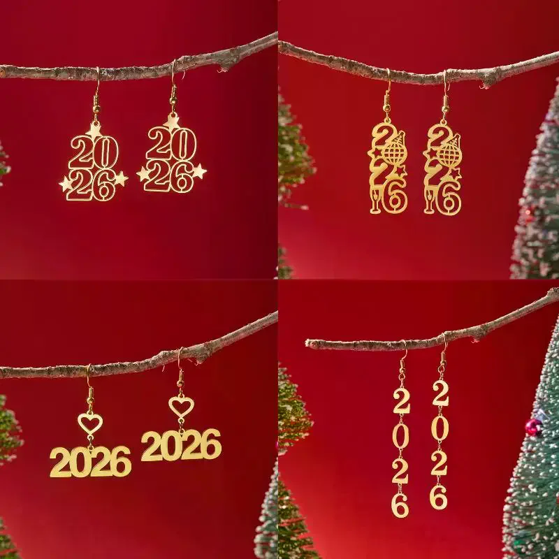 2026 New Year Minimalist Pendant Earrings - Stainless Steel Gold Star Heart Number Earrings Unisex Jewelry Gift For Women Men