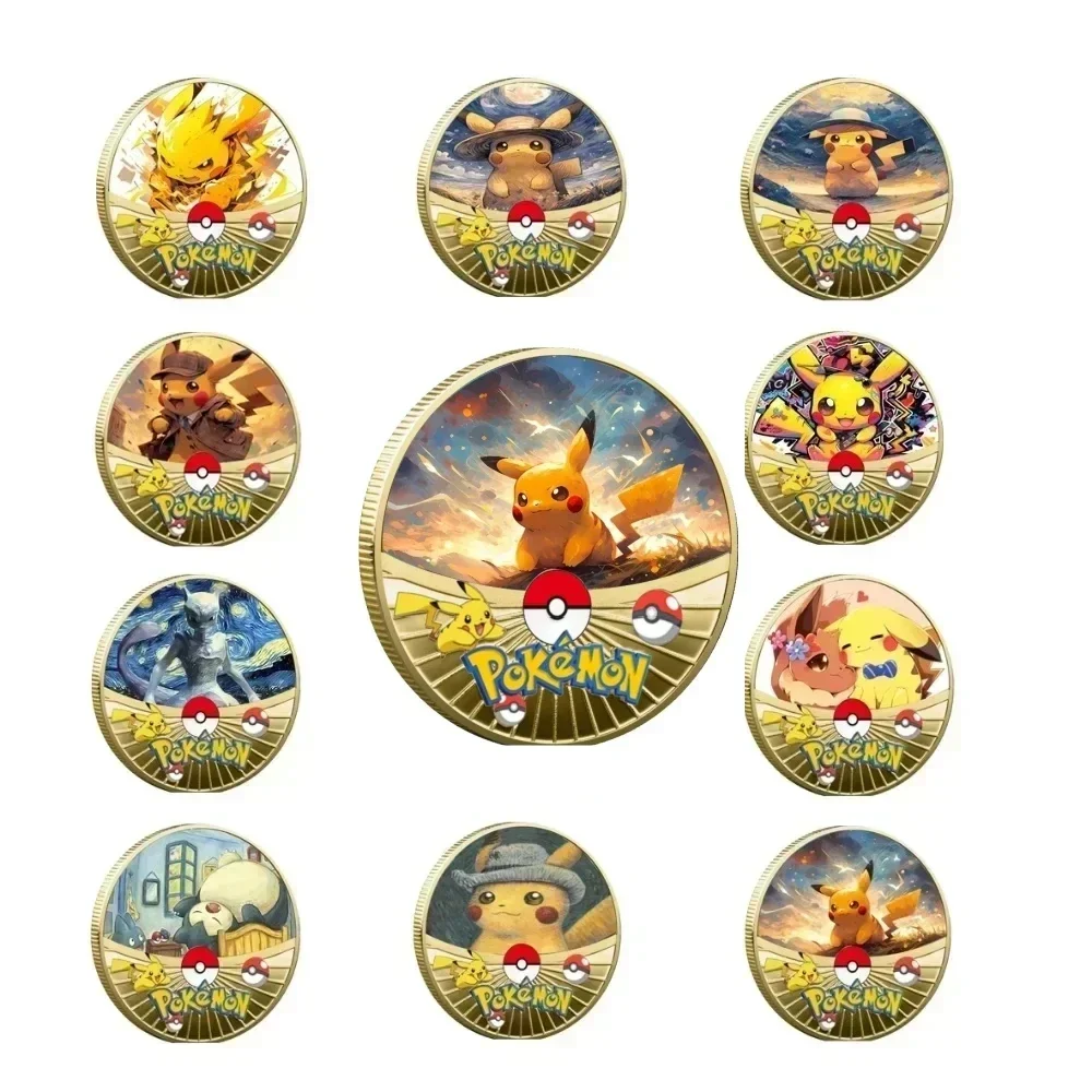 New Pokemon Gold Coin Metal Set Pikachu Charizard Commemorative Baby Pokemon Starry Sky Oil Painting Coin Medaglia Commemorativa