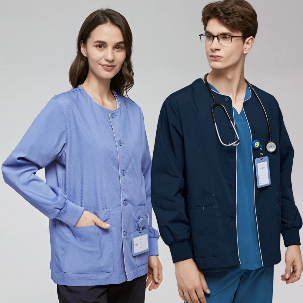 

Unisex Scrub Jackets Navy Warm Up Nurse Medical Coat Doctor Workwear Scrubs Snap Buttons Front Hospital Long Sleeve Suits 15SS02