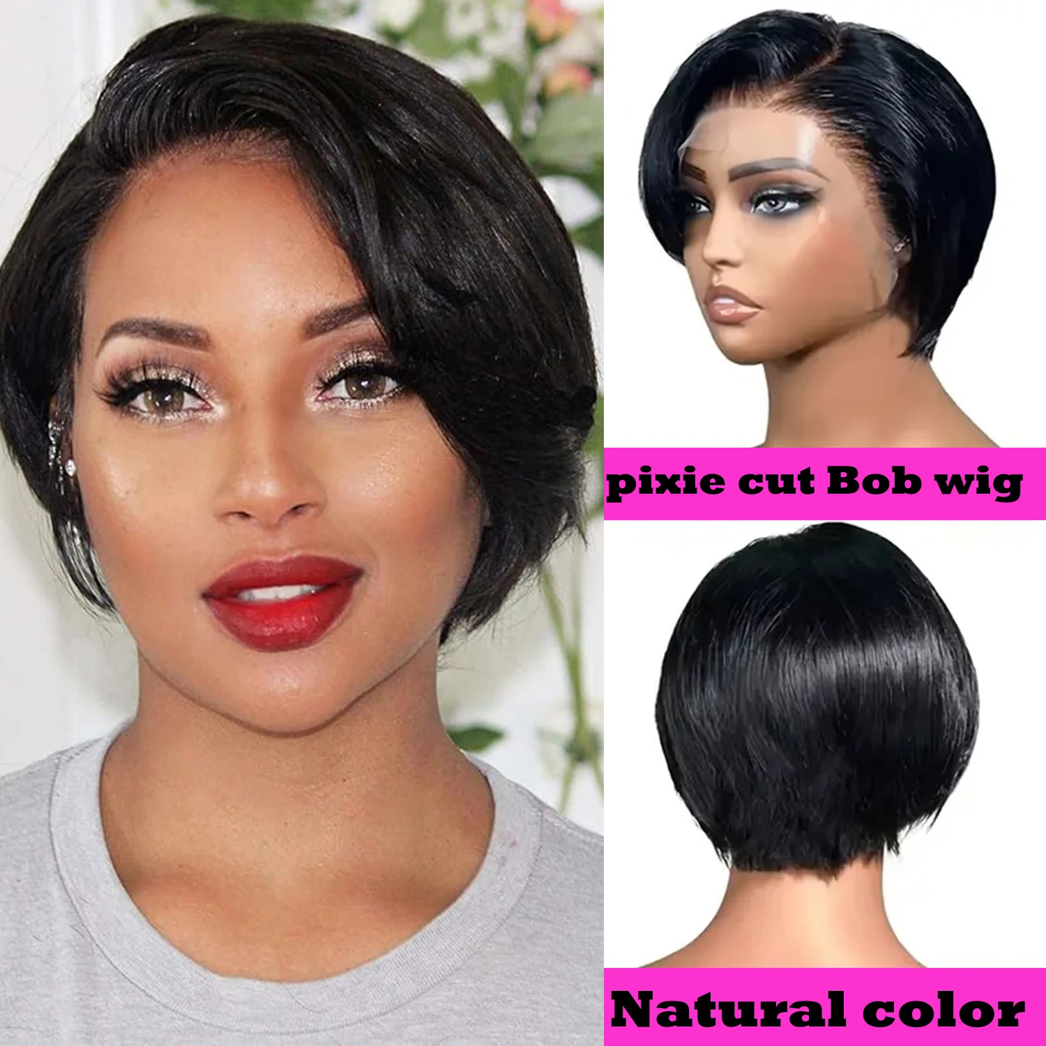 Short Pixie Cut Wig Straight Human Hair Bob Wig 13X4 Lace Front Brazilian Remy Hair Natural 6 inch Dark Brown Natural Black