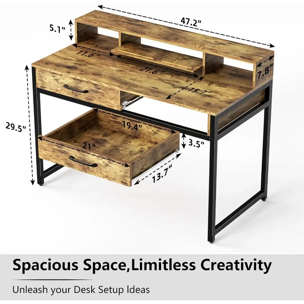 47" Home Office Desk With Monitor Shelf Gaming  Work Desk Study Desk for Bedroom Computer Table Rustic Brown Furniture 6