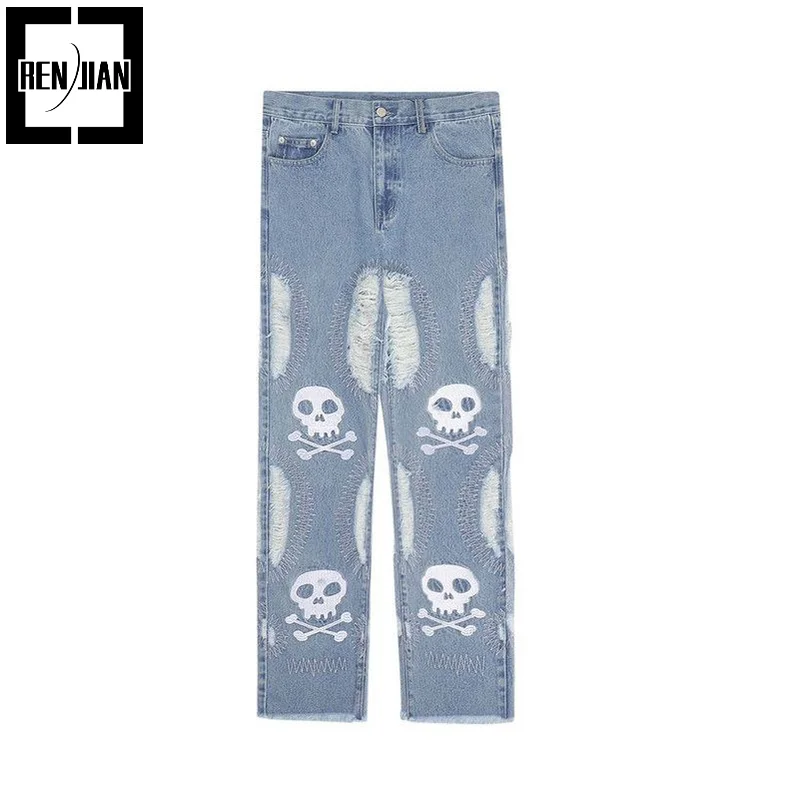 

Hi Street Skeleton Jeans Fashion Streetwear Hip Hop Denim Trousers With Skull Embroidery Destroyed Ripped Y2K Pants Bottoms