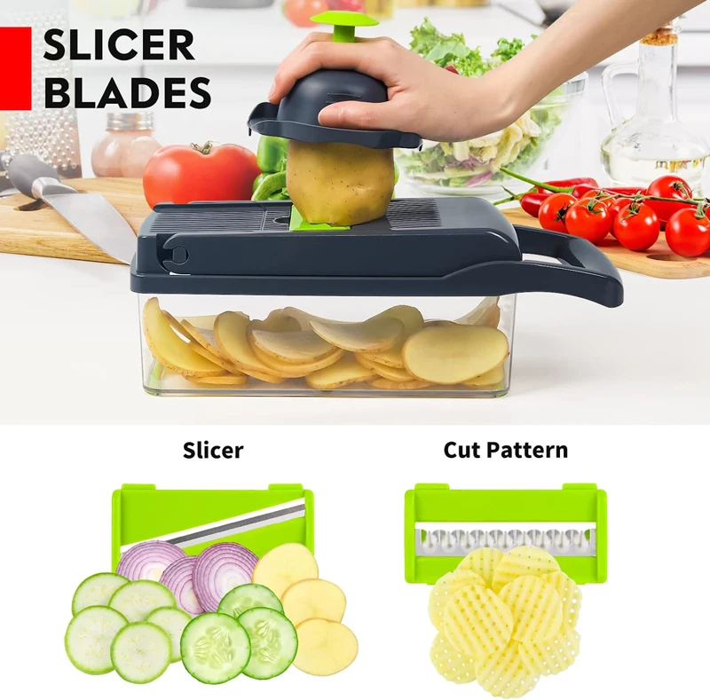  Vegetable Chopper Dicer 13-in-1 with 7 Blades Veggie Chopper  with Container Onion Cutter Mandoline Slicer for Kitchen Egg Cheese Fruits  Salad Potato Carrot Garlic (Grey): Home & Kitchen