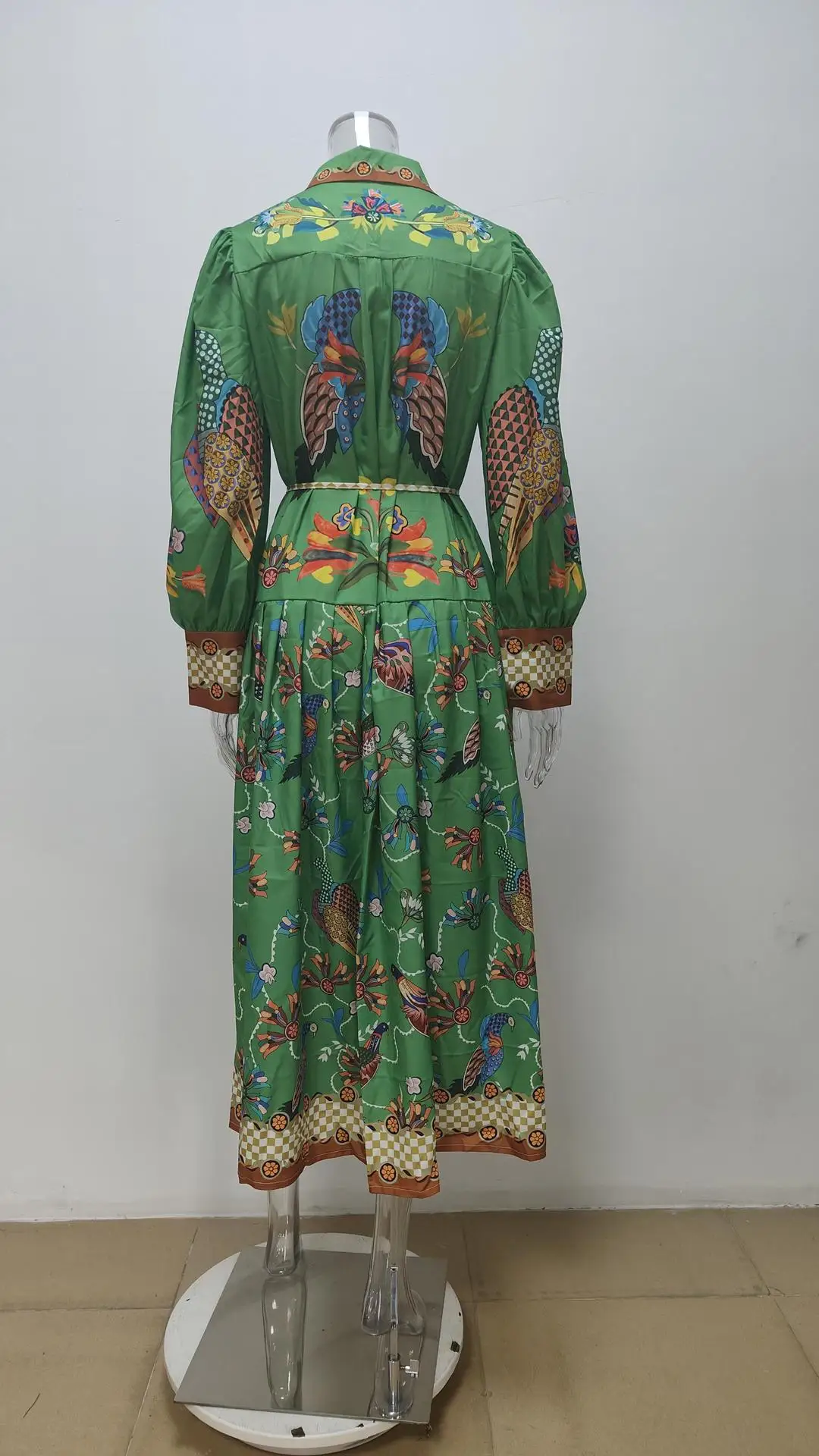 Feminino retro impresso a linha vestido longo elegante lanterna manga lapela camisa plissado vestidos de festa feminino primavera grande bainha vestido 38 S95a589d29d124ad8a904a26a9e8805a4S