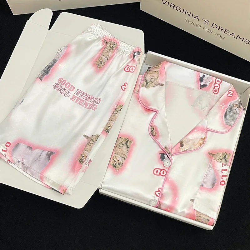 

2023 Summer New Ladies Sweet Satin Silk Floral Printed Pajamas Set Short Sleeve+Pants Women Ice Silk Cute Homewear Casual Wear