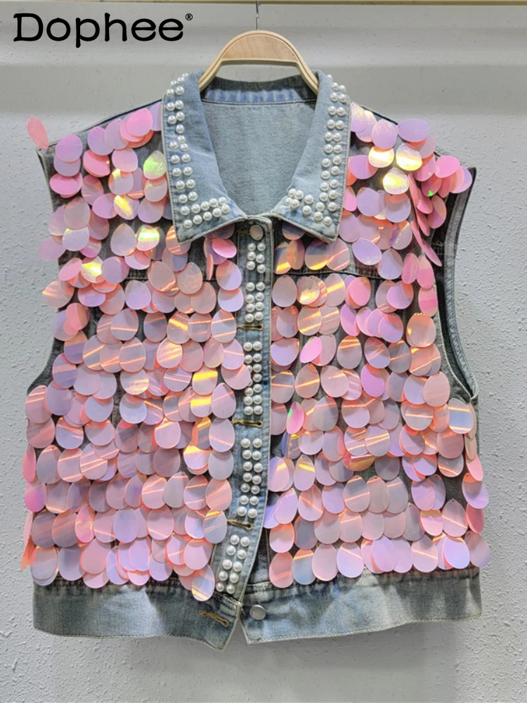 Street Heavy Industry Beads Sequined Vest for Women 2024 Spring Summer New Fashion Loose Sleeveless Single-Breasted Denim Top