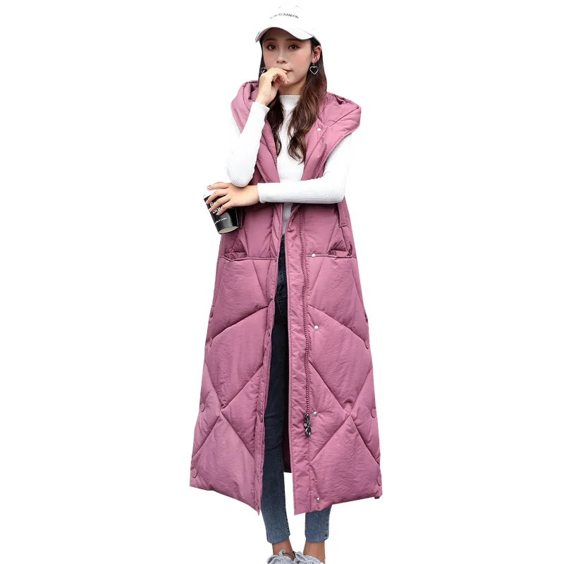 2023 New Female Hooded Sleeveless Outwear Long Waistcoat Women Autumn Winter Korean Loose Warm Thick Cotton Padded Vest Overcoat