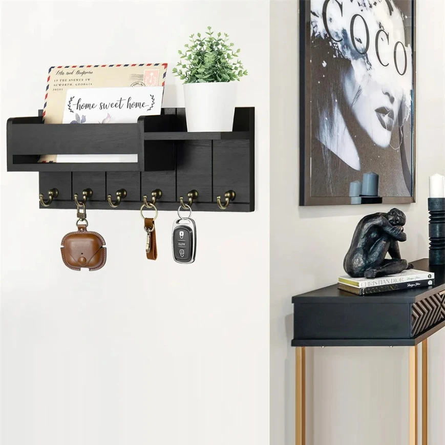 Rustic Wood Key Holder with Shelf Wall Mounted Decorative Key Rack And Mail Organizer 6 Key Hooks for Living Room Entrance 5