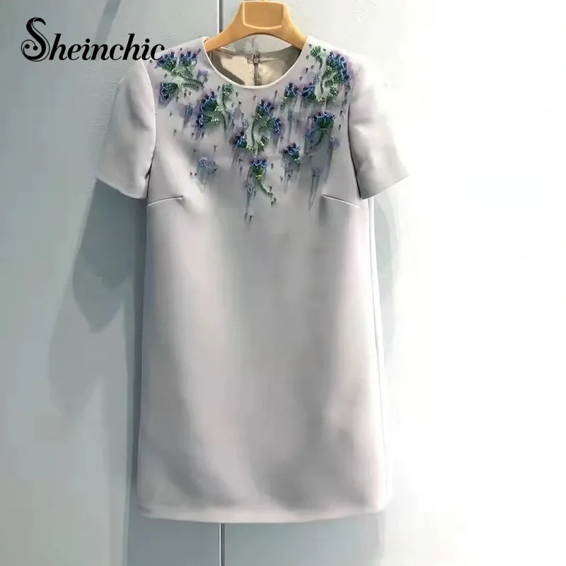

Korean Fashion Blue Beading Dresses for Women 2022 Elegant Floral Sequined A-line Mini Dress Luxury Summer Clothes