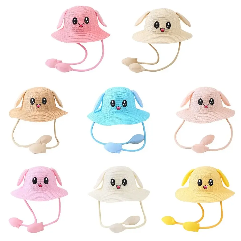 Cappelli di paglia per bambini estivi con orecchie in movimento cappello da sole a tesa larga cappello da spiaggia cappello da pescatore per bambini all 'aperto  1501