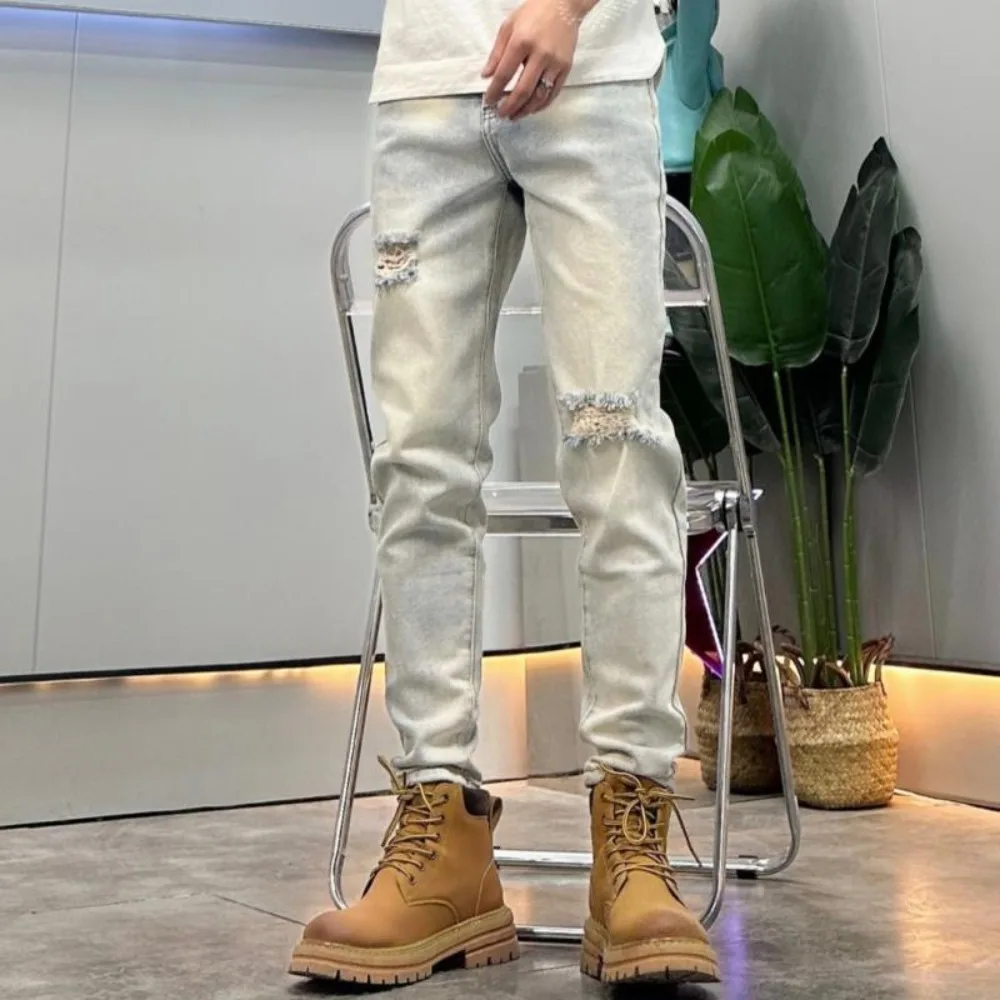 Locomotive Men Invisible Open Crotch Outdoor Sex Ripped Jeans Men's Old Vintage Casual Pants Exotic High Street Elastic Slim 3