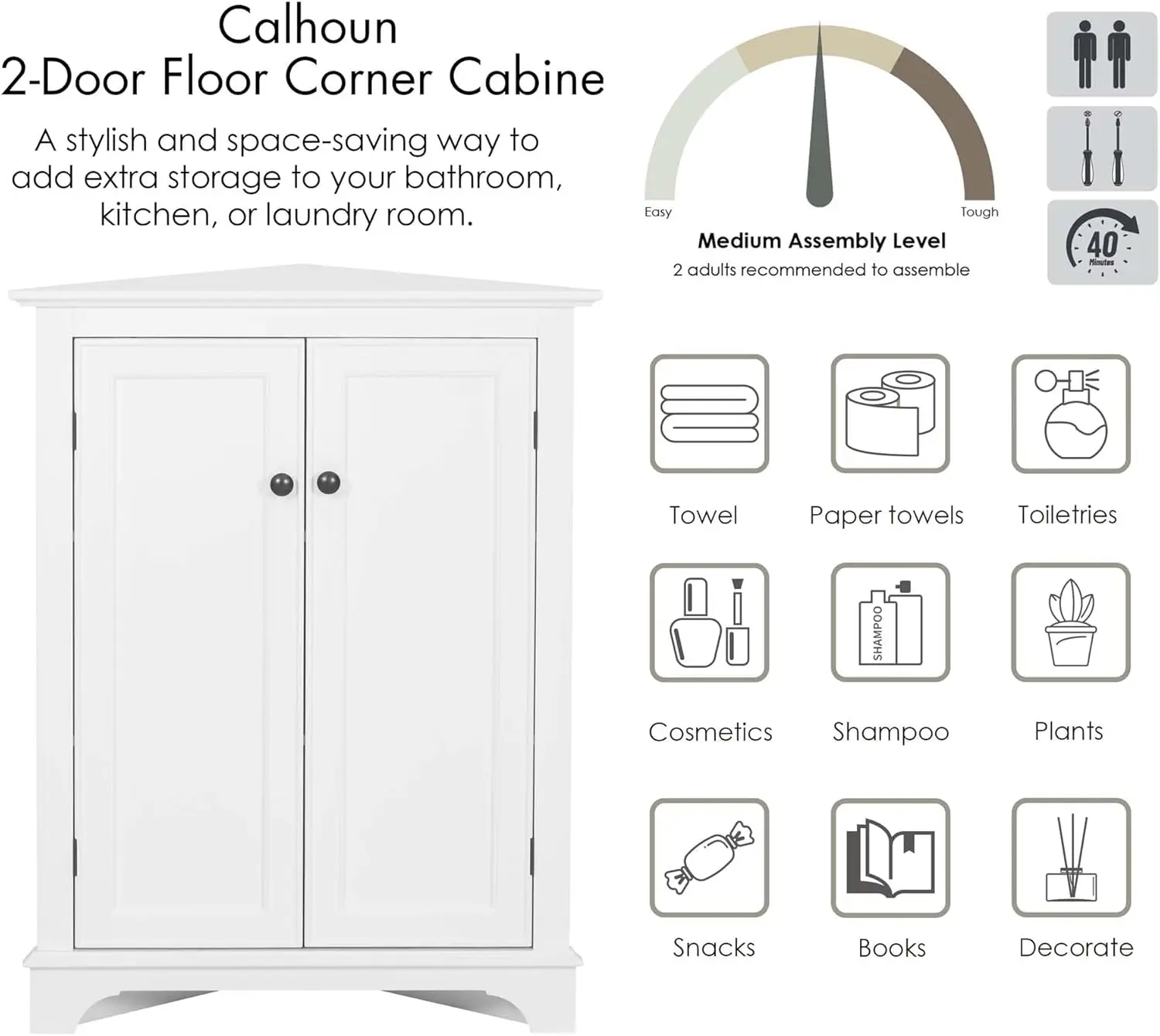 Floor Corner Cabinet with Doors and Shelves, Freestanding Bathroom Corner Storage Cabinet for Bathroom, Living Room, White