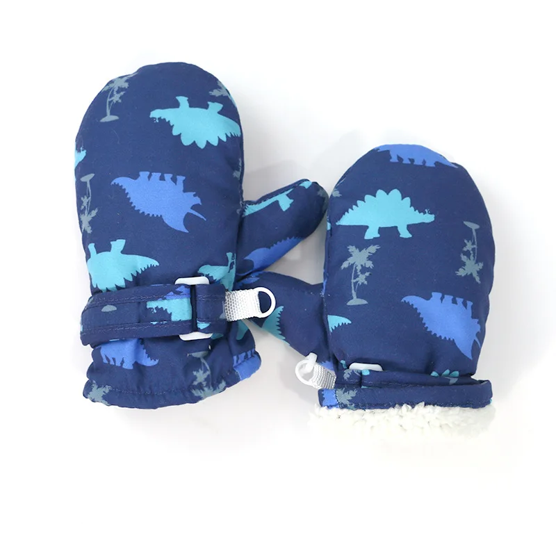 Windproof Waterproof Children Skiing Gloves Velvet Liner Warm Fingerless Gloves Dinosaur Print Baby Mittens 1-4year Plush Glove