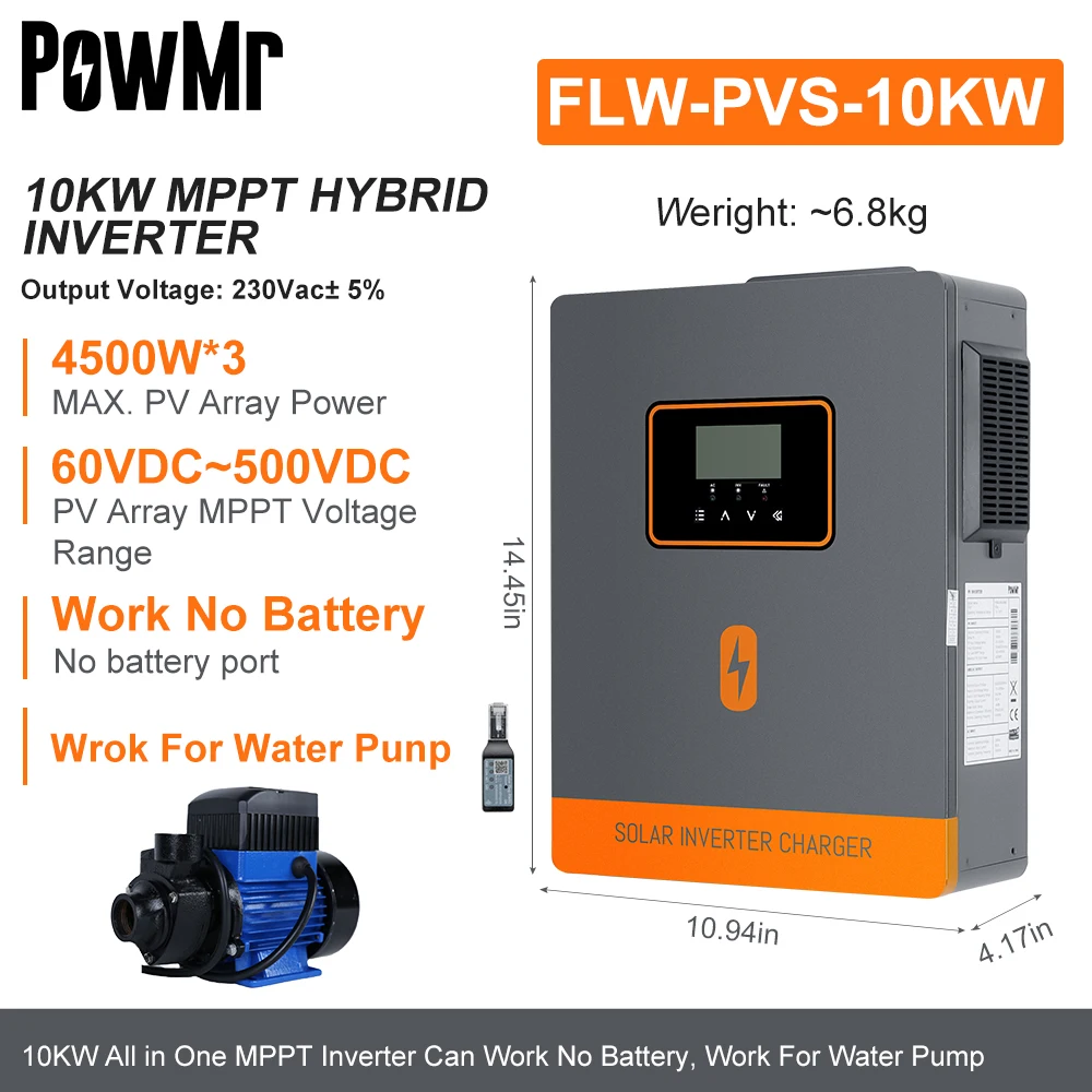 Inverter solari ibridi PowMr 10KW per pompa dell'acqua senza batteria, onda sinusoidale pura 230Vac, pannello solare max 500V, 3 ingressi PV con WIFI - Image 2