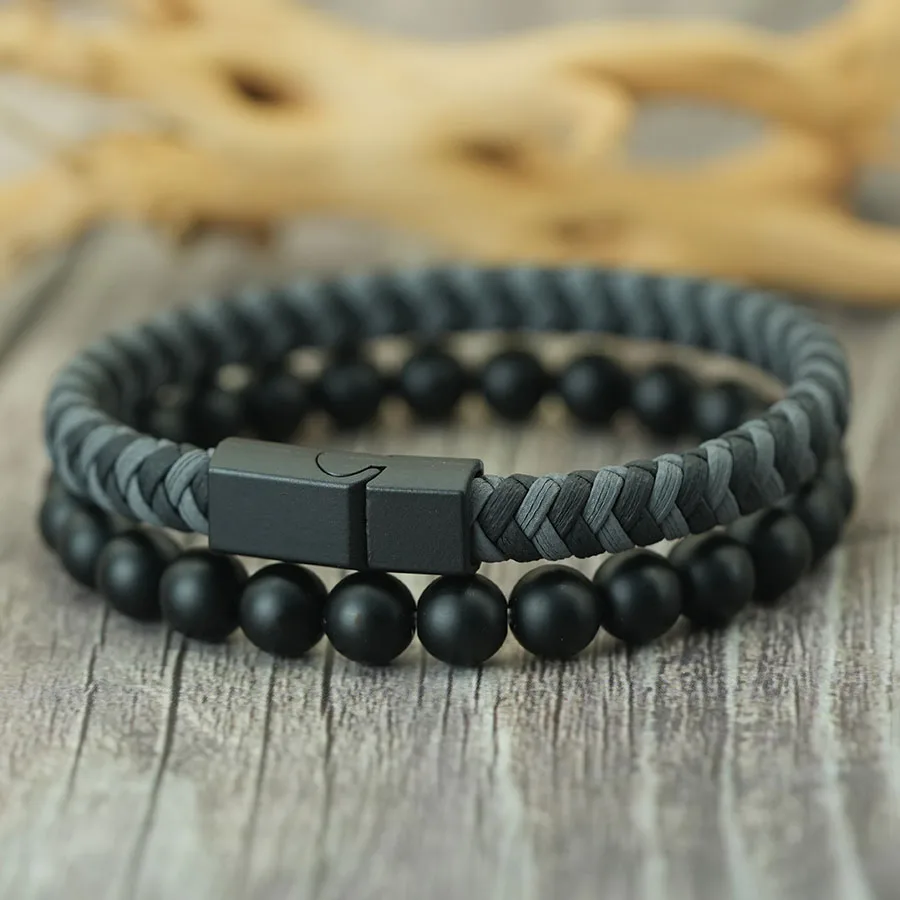 Onyx Stone Leather Men Bracelet Handmade