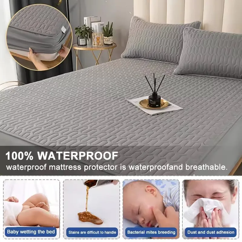 Waterproof Thicken Bed Cover Solid Color Mattress Protector Skin-Friendly Queen King Double Fitted Sheet Mat 90 150 180x200cm 3