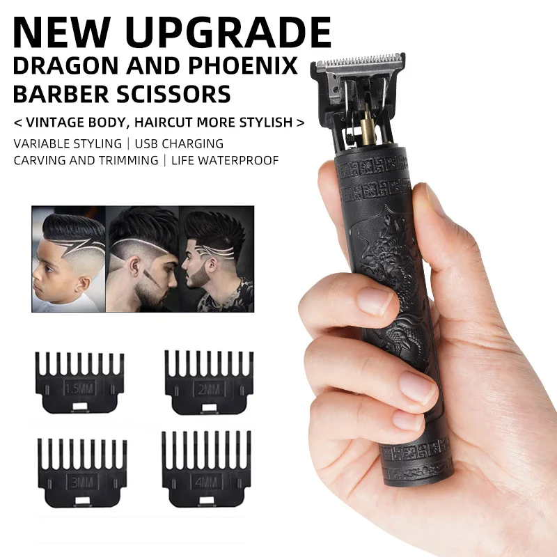 Rasoir de coupe de cheveux pour hommes tondeuse Rechargeable rasoir adulte électrique Vintage tondeuserazor maison USB charge salon de coiffure Dragon noir