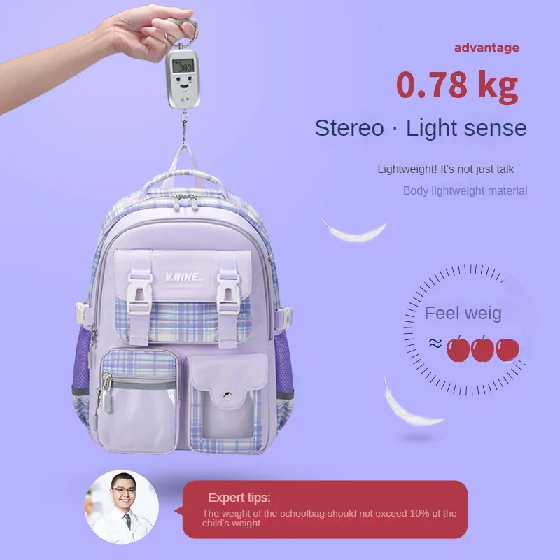 VNINE elementary school backpack girl lightweight backpack girl 1st to 6th grade to reduce burden and protect spine