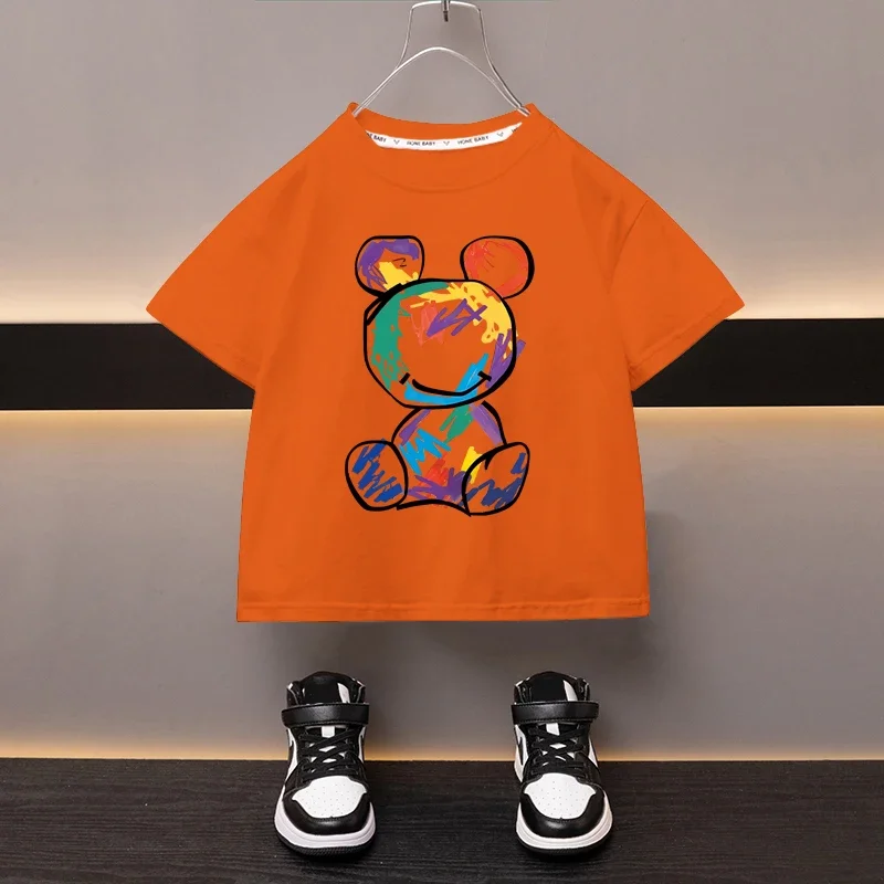 Boys Cotton T-shirt Cartoon Graffiti Bear Printed Girls Tees Summer Short Sleeve Children Tops High Quality Casual Kids Clothes 2
