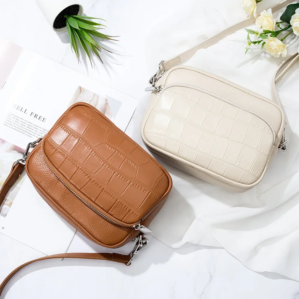 Stylish Shoulder Crossbody Bag for Women with Genuine Cow Leather and Crocodile Texture Small Square Handbag