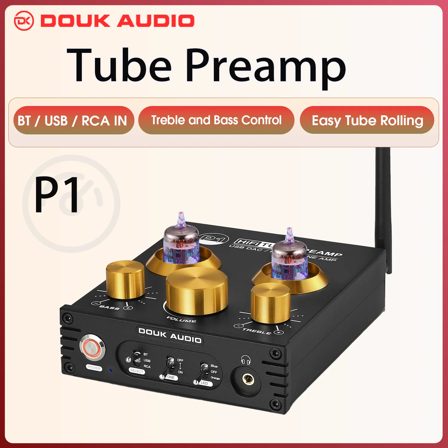 Douk Audio P1 HiFi JAN5725 Vacuum Tube Preamp Bluetooth 5.0 Audio