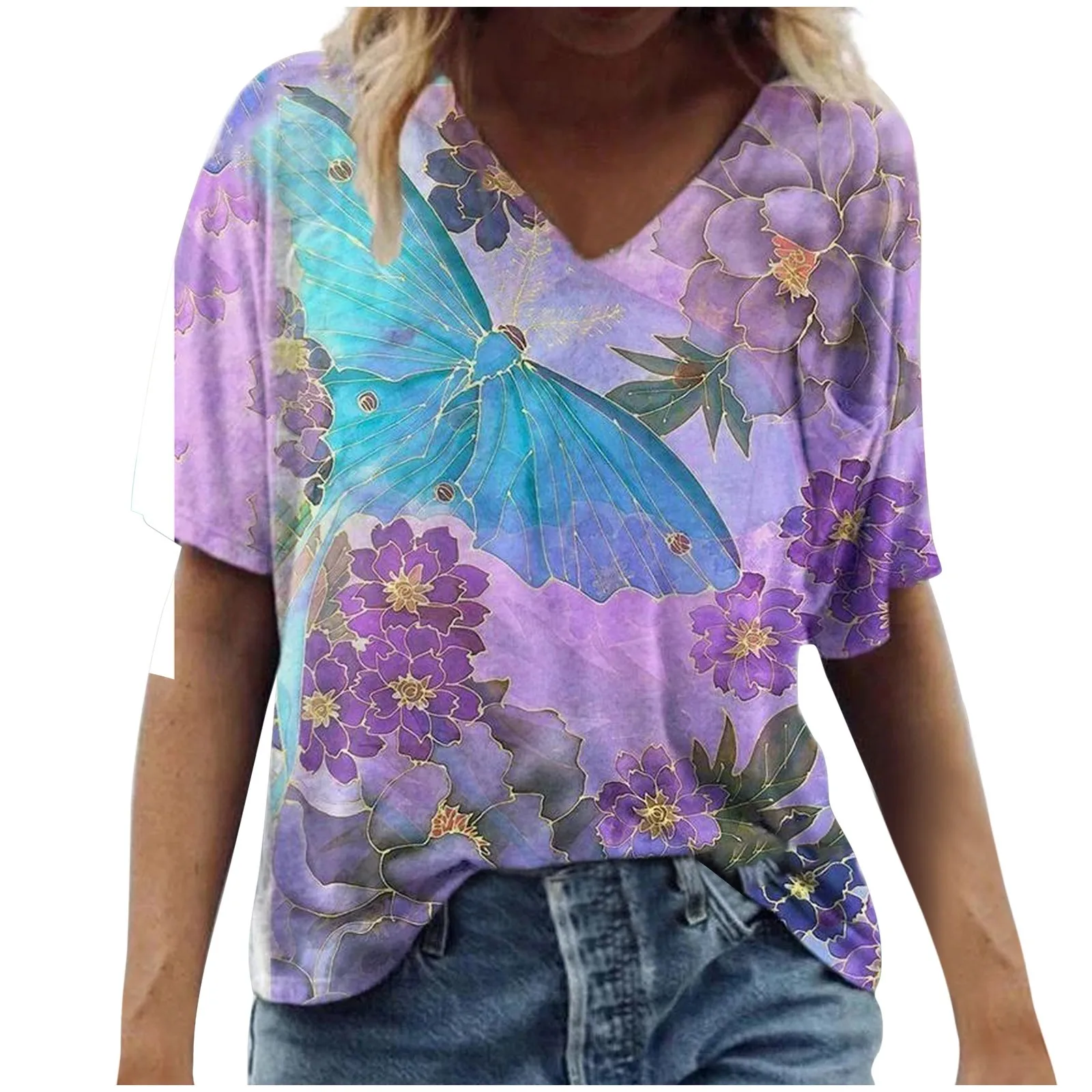 

Scenic Flowers Print Women's T-Shirt Tops Fashion Comfortable Casual V Neck Tee Top Summer elegant Daily Wear camisas de mujer