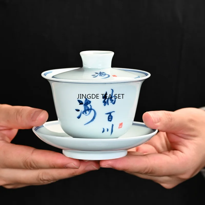 160ML creative hand-painted blue and white porcelain hovering lid bowl retro underglaze color kung fu tea set
