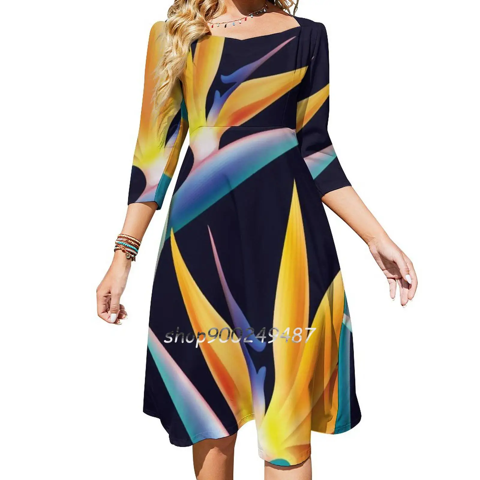Pianta Tropicale Uccello Del Paradiso O Strelitzia Reginae Abito Collo Quadrato Nuovo Plus Size Elegante Donna Vita Vestito Stretto Tropicale