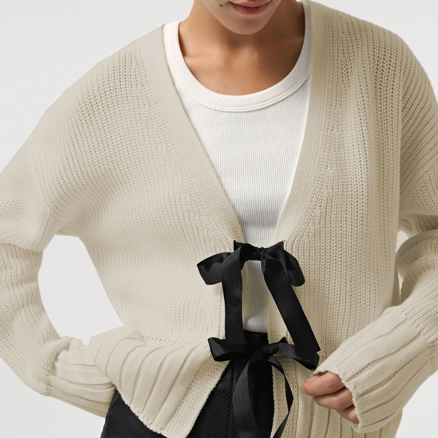 Autumn Knit Sweater Cardigan For Women Tee Bow Fashion Hollow Out Ribbed Patchwork Lace-Up Top Female Knitwear Cardigan