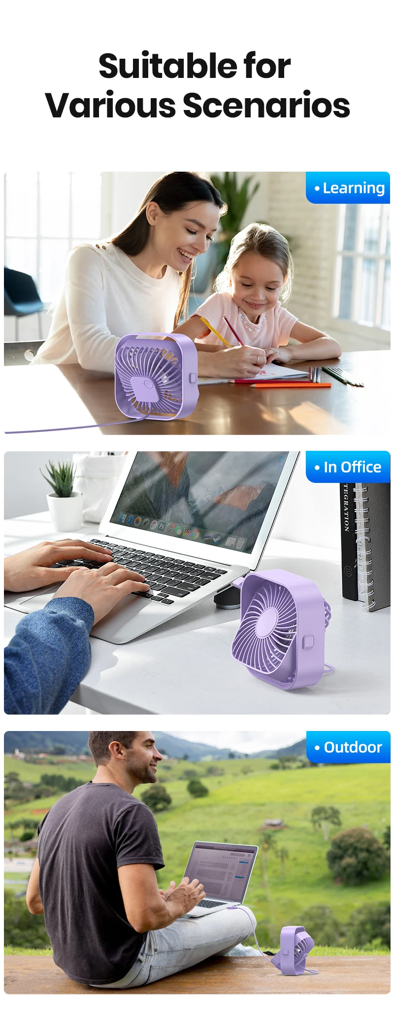 Topk usb tragbarer mini ventilator, tisch persönlicher elektrischer lüfter tisch, stehende lüfter für zimmer, 3 geschwindigkeit wind 360 ° drehbar für camping quie – Detail 9